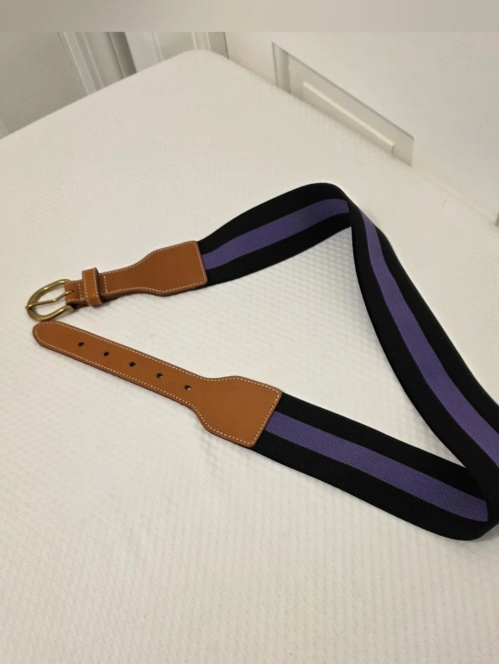 EC J. McLaughlin Black & Purple Striped Stretch Belt Brown Leather Trim Sz L/XL